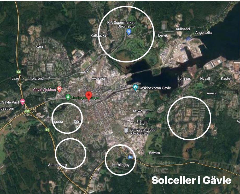 Karta som visar populära områden för sollceller i Gövle