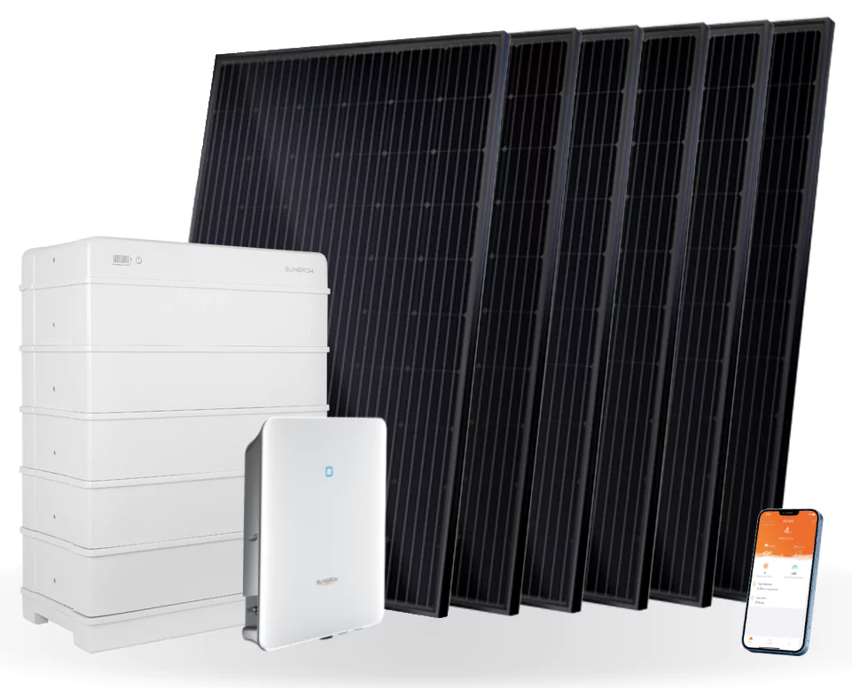 solceller palet med solpaneler, batter, växelriktare och mobilapplikation