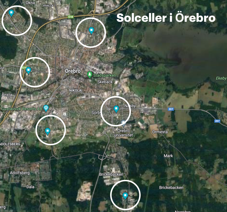 Karta som visar områden i Örebro med högt intresse för solceller