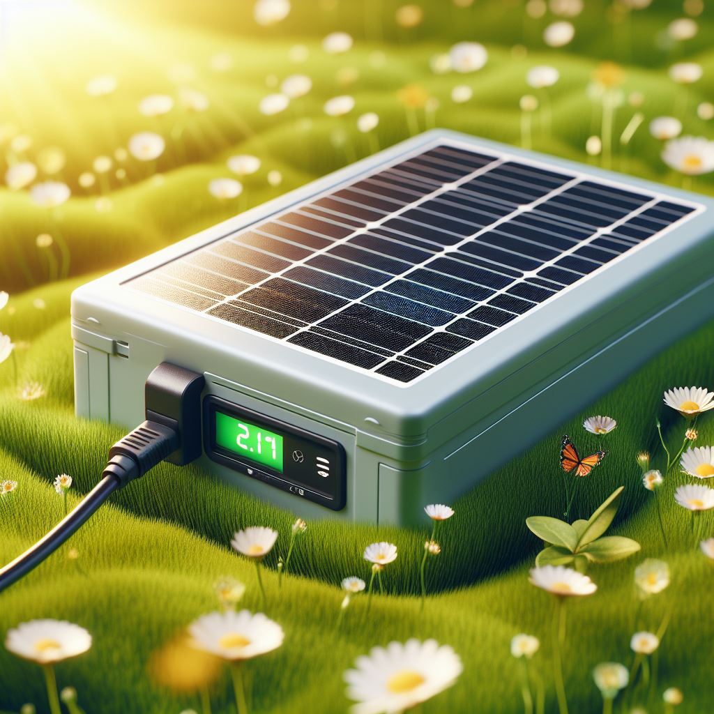 batter med solceller som ligger på en grön gräsmatta